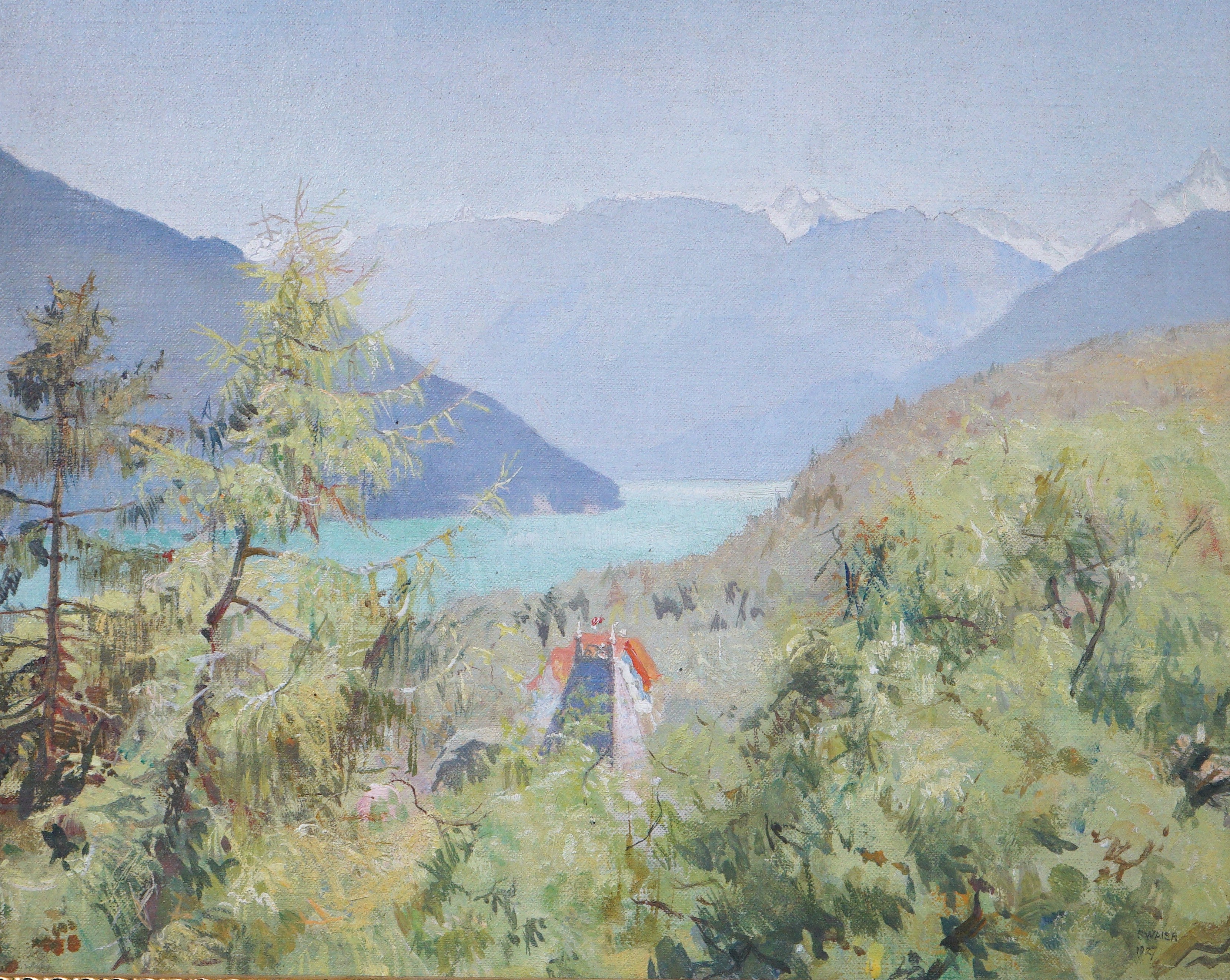 Frederick George Swaish R.W.A. (1879-1931), oil on board, 'Lake of Thun', label verso, 21 x 27cm
